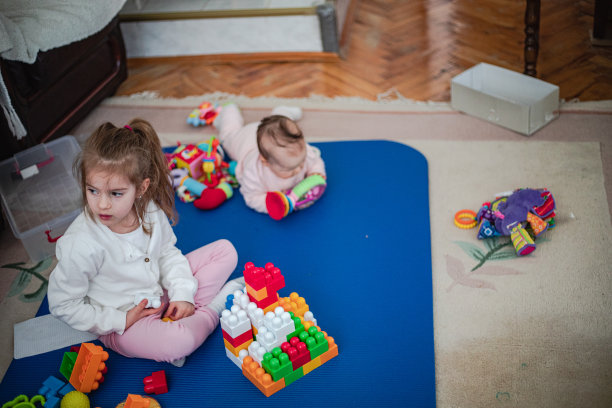 学前班的姐妹们在客厅里玩玩具图片下载