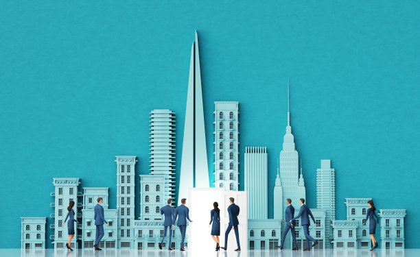 商业人士趁机在城市中走进敞开的大门，商业概念插画，3D渲染图片下载