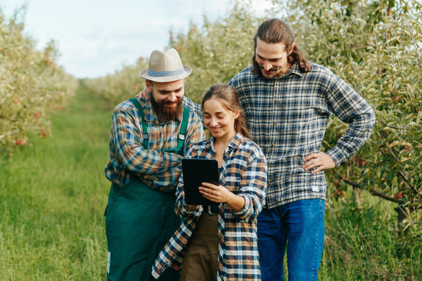现代农业，女性和男性农民在苹果园里使用数字平板电脑图片下载
