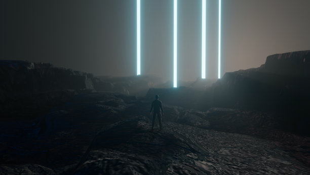 商人站在石山山谷，拿着闪亮的霓虹灯管。抽象3D渲染景观图片下载