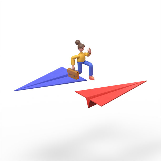 亚洲女人安吉拉从一个飞机跳到另一个在相反方向飞行的3D插图。白色背景的3D渲染图片下载