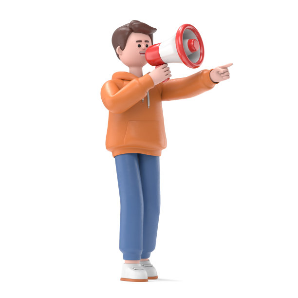 3D插图的男子卡迪尔与扬声器。社交媒体，广告和推广理念。白色背景的3D渲染。图片下载