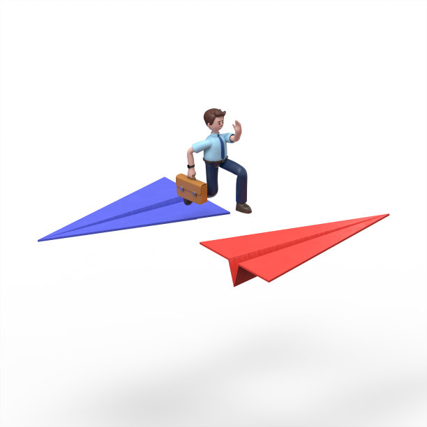 亚洲男子菲利克斯从一架飞机跳到另一架相反方向飞行的3D插图。白色背景的3D渲染图片下载