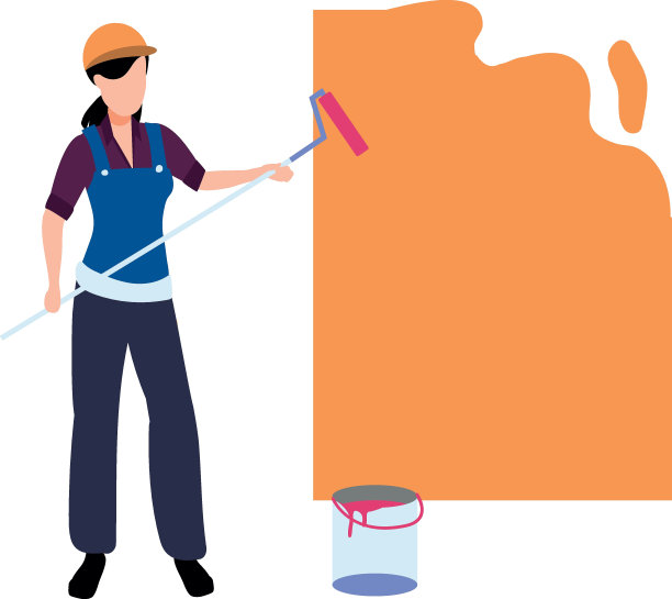 女油漆工正在用油漆滚筒粉刷墙壁。图片下载
