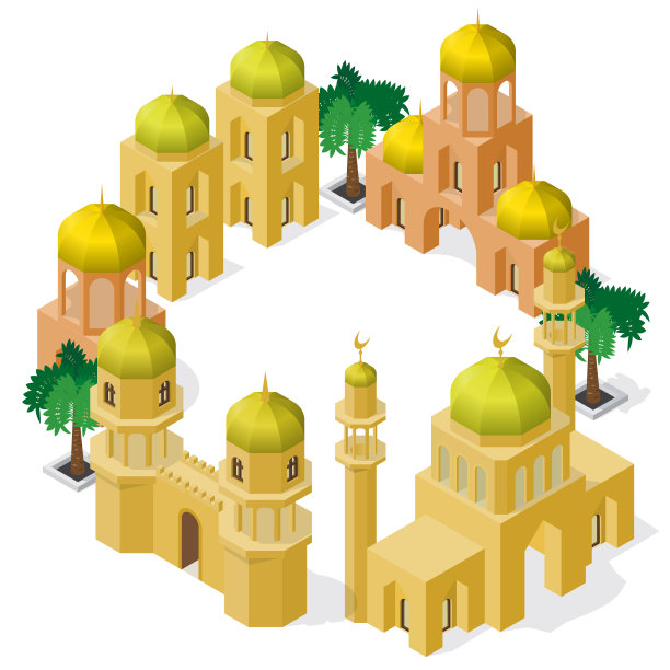 三维框架的等距模型与金色圆顶。一组古建筑，中间为文字留白。图片下载