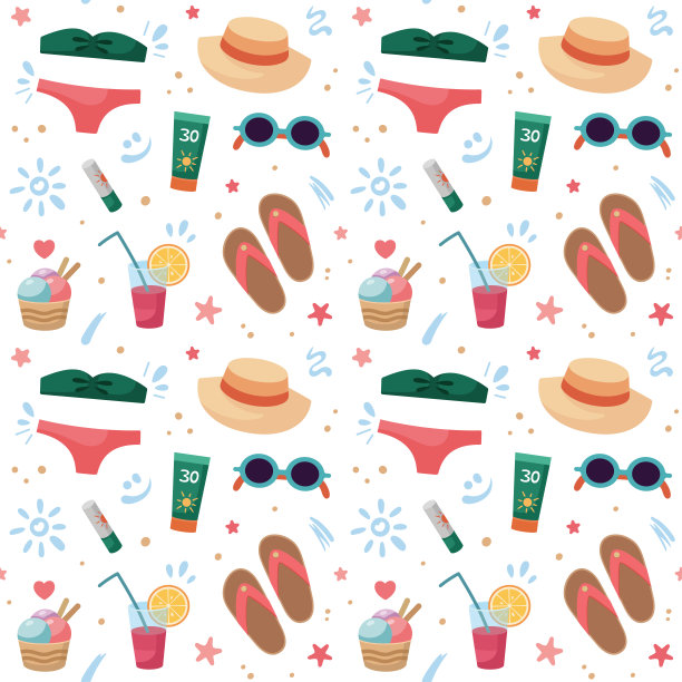 女性沙滩配件无缝图案。海滩度假概念。平面设计，卡通矢量插图。图片下载