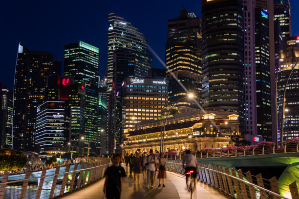 夜晚，新加坡海滨和鱼尾狮公园周围的人群图片下载