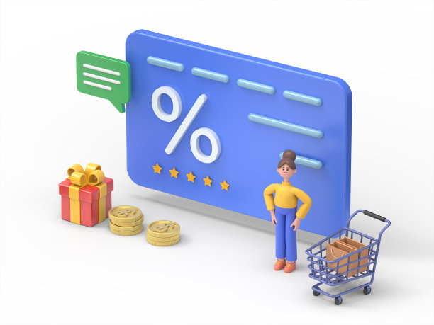 3D插画：站在购物折扣券旁的亚洲女性图片下载