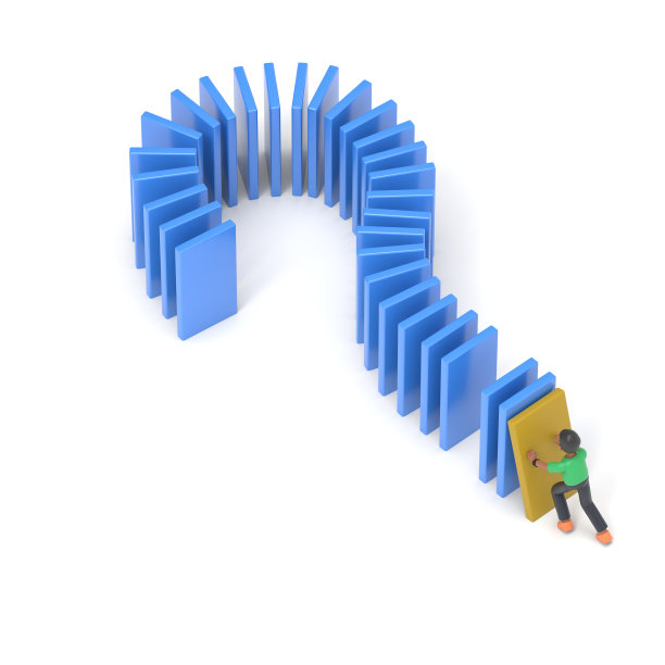 英俊的非洲人大卫的3D插图推动一个多米诺骨牌建立在一个问号的形式。白色背景的3D渲染图片下载