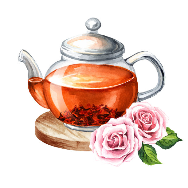 玻璃茶壶和玫瑰花。手绘水彩插图孤立的白色背景图片下载
