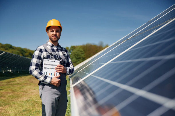 开朗的工程师白天在户外用光伏太阳能板图片下载