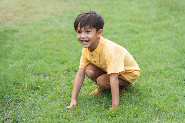 快乐的小4岁的高加索男孩坐在田野里玩捉迷藏，笑着，笑着，阳光明媚的一天。夏天在大自然户外玩耍的可爱小男孩。看着镜头图片下载