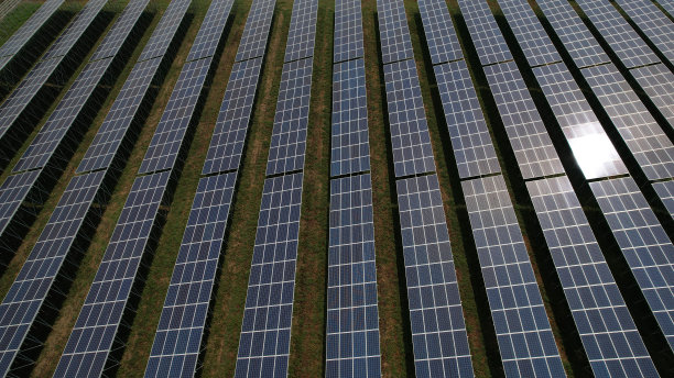 照片拼贴在阳光明媚的日子里，太阳能电池板、光伏、替代电源在绿色领域——可持续资源的概念图片下载