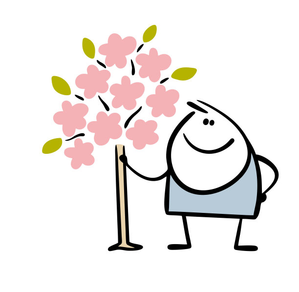 一名满意的游客在日本以樱花为背景摆姿势。矢量插图的苹果树与花和园丁。春天的自然和植物。白色背景上孤立的字符。图片下载