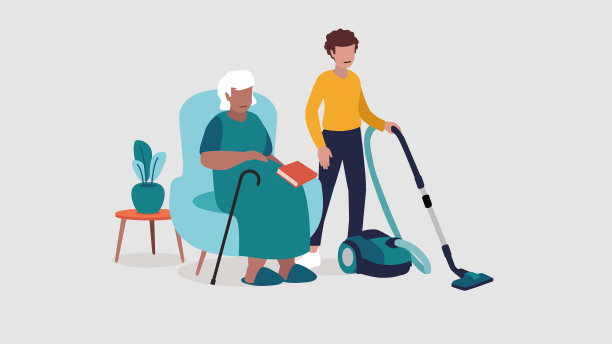 矢量插图的老人需要照顾谁放松地坐在扶手椅上，而护士打扫房子-社会概念图片下载