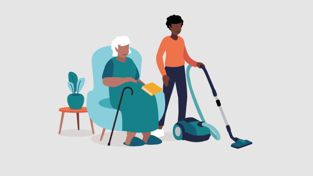 矢量插图的老人需要照顾谁放松地坐在扶手椅上，而护士打扫房子-社会概念图片下载
