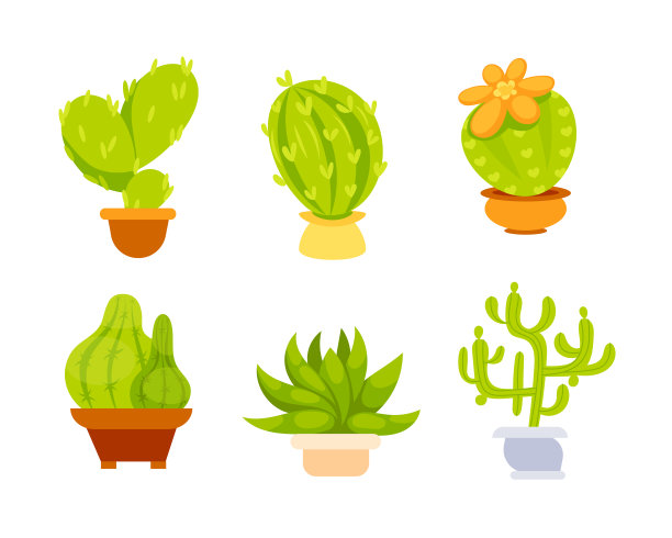 一组可爱的卡通扁平风格的盆栽仙人掌图片。图片下载