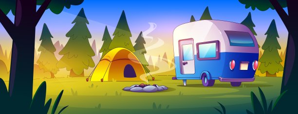 帐篷和厢式车旅行在森林营地旅行向量图片下载
