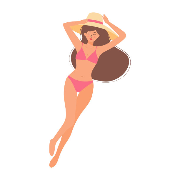 穿着泳装戴着帽子躺着的漂亮女孩。女人放松和日光浴。暑假、假期、旅游、休闲。图片下载