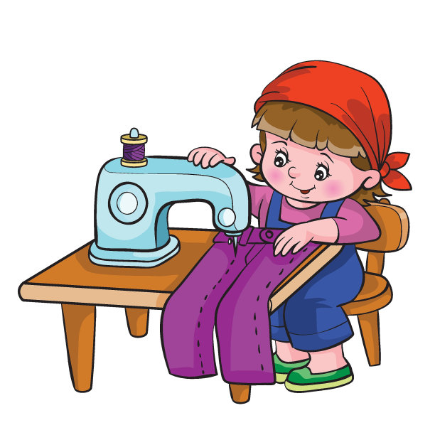 这张照片展示了一个卡通人物坐在一张桌子旁，在一台缝纫机上工作。这台缝纫机是浅蓝色的，上面有一个紫色的线轴，人物似乎正在用一块紫色的织物工作。图片下载