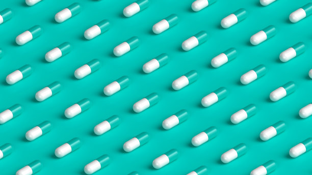 许多白色绿松石胶囊在绿松石背景上，片剂网格。药物，药片，药片顶部平视。3d渲染图图片下载