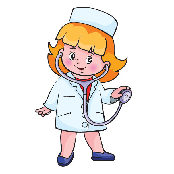 这张图片展示了一个卡通人物，一个孩子穿着医疗制服，包括白色外套和护士帽，拿着听诊器。图片下载