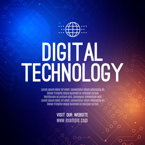 数字科技社交帖子横幅销售模板橙蓝色背景，抽象网络信息传播，创新未来科技数据，互联网网络连接，Ai大数据插画图片下载