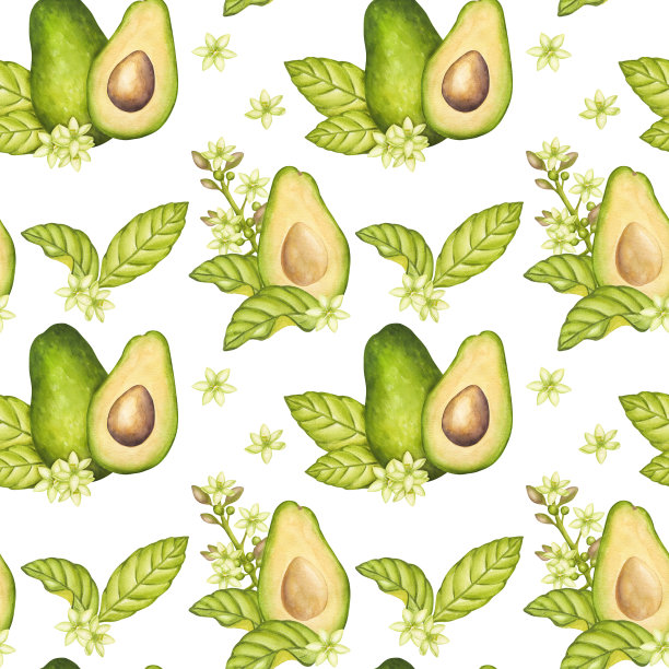 无缝花纹牛油果半果带籽、绿叶、花。蔬菜剪纸艺术。素食饮食绘画。手绘水彩插图背景植物设计印刷图片下载