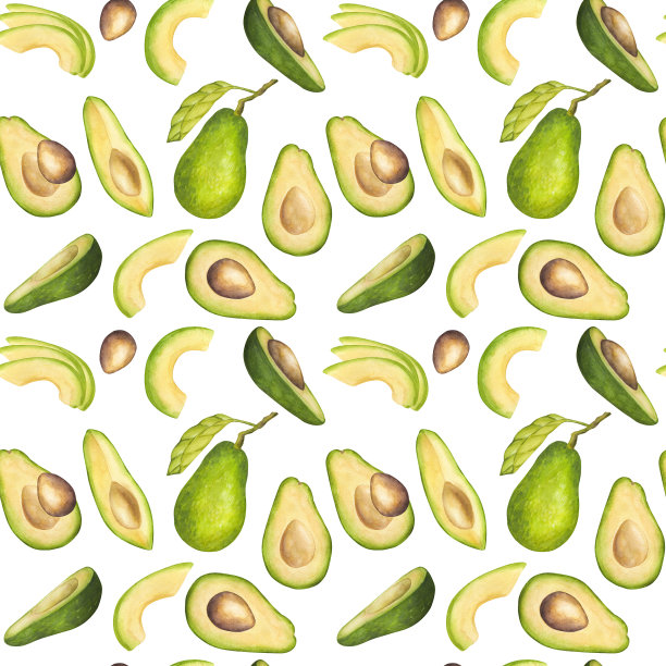 牛油果无缝图案。半果带核，切片，绿叶。植物植物剪贴画。手绘水彩插画背景。模板明信片，印刷包装。图片下载