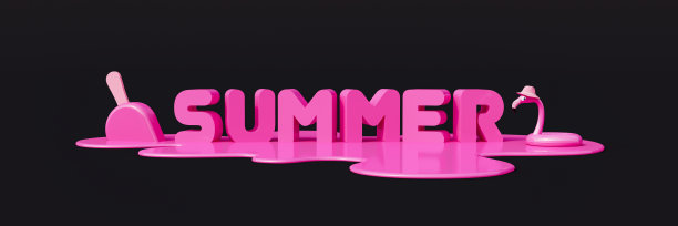 冰淇淋融化与夏季文字黑色背景3D渲染图片下载