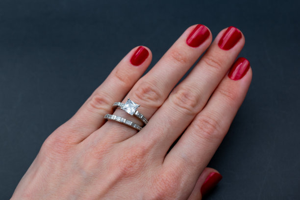 结婚戒指套在一个女人的手上，旧的复古珠宝概念，宣传照片为网上珠宝店图片下载
