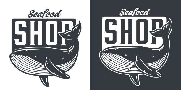 复古标志为海鲜商店，海洋品牌或海洋企业提供风格化的鲸鱼。具有航海美学的经典图片下载