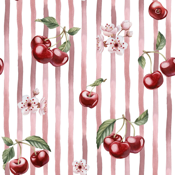 樱桃浆果与花和叶，水彩红色条纹无缝图案在白色背景的桌子纺织品图片下载