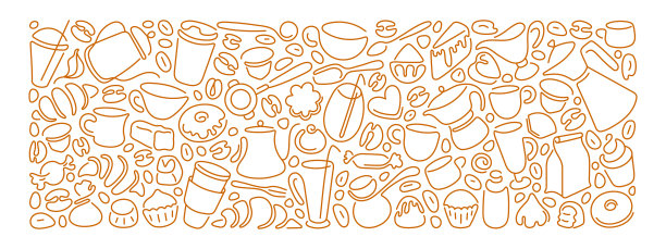 咖啡、茶线设计杯、豆、壶、甜点图片下载