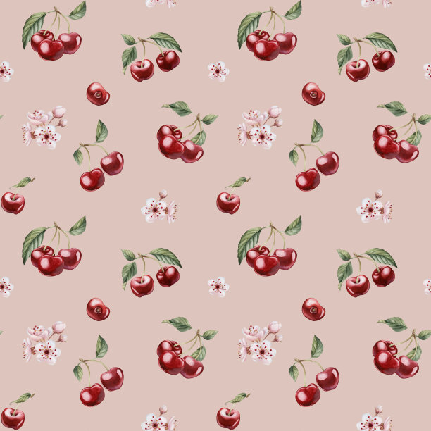 樱桃浆果与花和叶，水彩花卉无缝图案桃红背景与春天开花图片下载