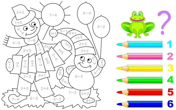 儿童加减法数学练习。用相关的颜色画图片。培养孩子的数数技能。彩色的书。儿童教育工作表。图片下载