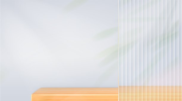 现实的木架子与植物阴影白色背景。最小的场景与黄色桌子讲台的产品展示。清洁空白货架厨房，浴室，室内模型。矢量三维插图图片下载