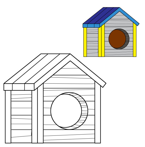 卡通场景与孤立的木制传统狗屋素描着色页绘制狗窝后院孤立的背景插图的孩子图片下载