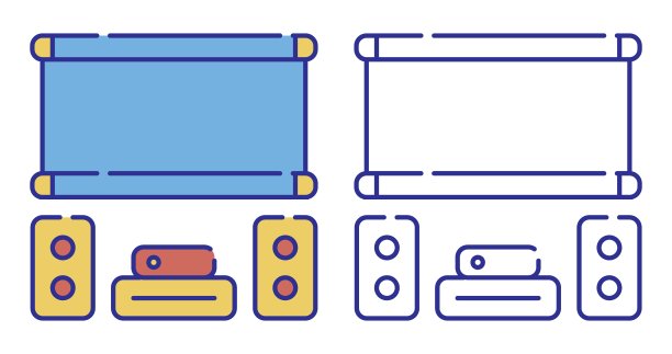细线描色图标。带扬声器和投影仪屏幕的家庭影院。高档家庭影院设备。简单的矢量隔离在白色背景上图片下载