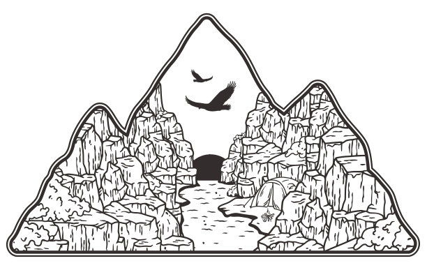 黑白线条艺术插画，描绘了带有野生动物元素的山地地形和露营场景，唤起了户外冒险的精神和大自然的美丽图片下载