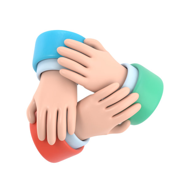 卡通手势图标模型。三人携手共进，合作经营，教育团队合作的理念。白色背景的3D渲染。图片下载