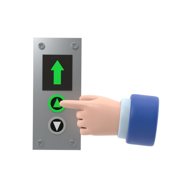 商人按下电梯按钮。三维插图平面设计。叫电梯。向上箭头。到顶楼上去。手指放在按钮上。白色背景的3D渲染。图片下载