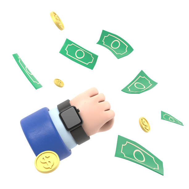 3d卡通渲染人的手臂与手表或闹钟和飞来飞去的美元钞票和硬币横幅设计。赚钱，投资。白色背景的3D渲染。图片下载