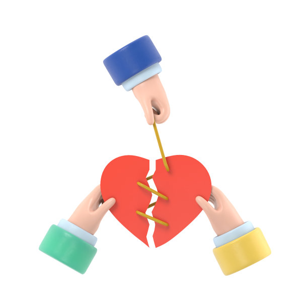 和解的概念。丘比特夫妇和解，绳索连接一颗破碎的心。恢复的爱。抽象插图平面设计。红色破碎的心握在男人和女人的手里。3 d渲染。图片下载