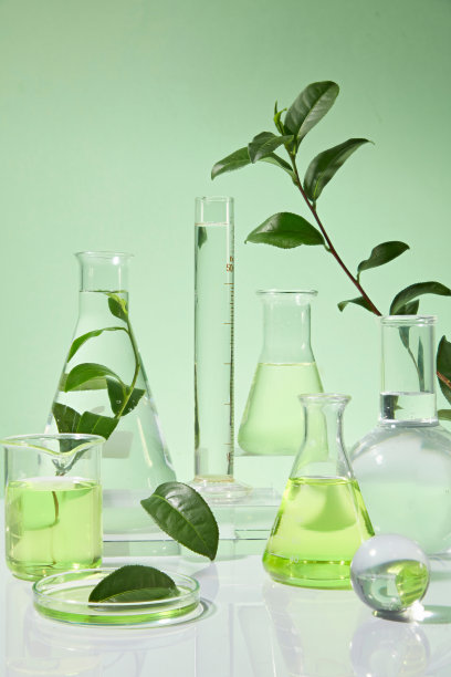 在绿色的背景下，白色的桌子上整齐地摆放着许多不同的实验工具。照片从正面拍摄，留出设计空间图片下载