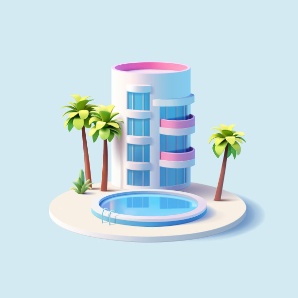 酒店有游泳池和棕榈树，3D。高层酒店建筑。在度假小镇，海边或城市的家庭度假的概念。向量图片下载