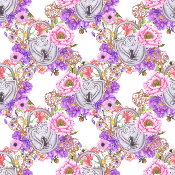 手绘水彩花花束与复古锁钥匙无缝图案。巴洛克插画孤立在白色背景上。可用于纺织品、礼品包装等印刷品。图片下载