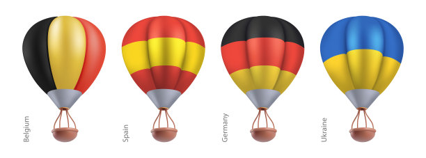 印有德国、西班牙、比利时、乌克兰国旗的热气球。空中旅行或热气球节在飞行篮子浮空器的概念。矢量3d渲染卡通飞艇在白色背景。图片下载