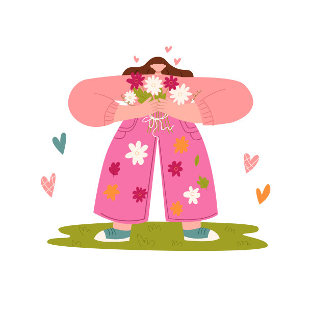 拿着一束花的女孩。女孩的网络插画图片下载