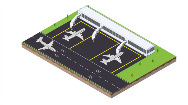 运输机在喷气桥终点站、登机桥的等距场景图片下载